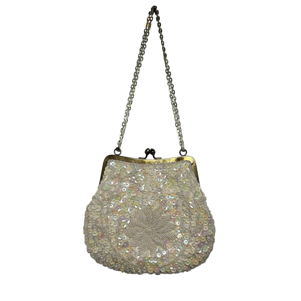 VTG 50's White Beaded Sequin Bridal Evening Bag Hong Kong Wedding Coquette Glam